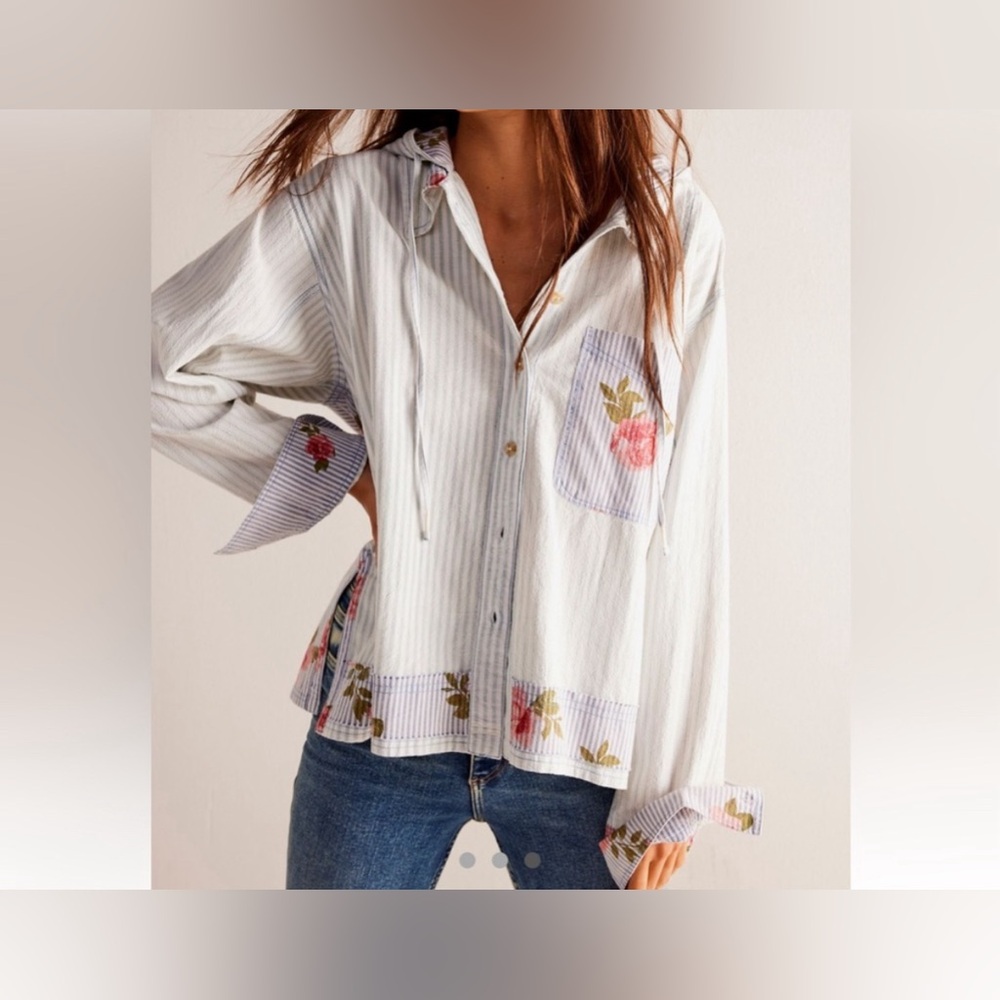 Free People Cream Striped Button-Up Hoodie with Floral pattern size S nwot